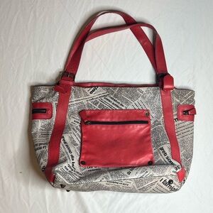 Suede and leather  Red and Black Newspaper Print Tote Bag